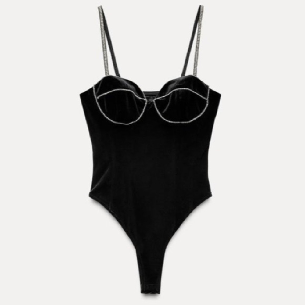 ZARA black velvet bodysuit with crystal details size small